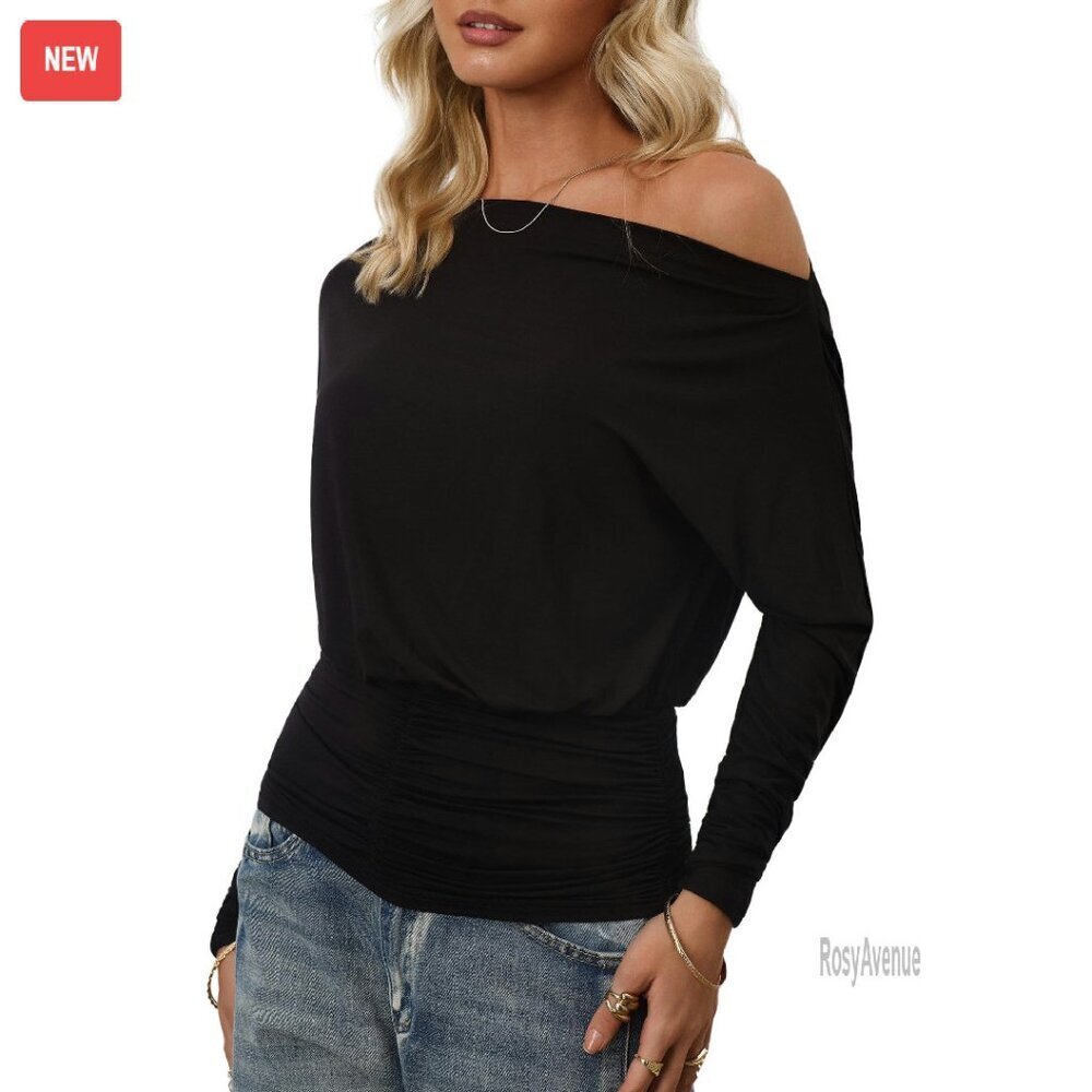 Long Sleeve Off Shoulder Asymmetrical Top Ruched Waist Blouse